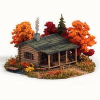 Cozy Autumn Log Cabin in a Pixel Art Style. A charming illustration of a rustic wooden cabin nestled amongst colorful fall foliage. photo