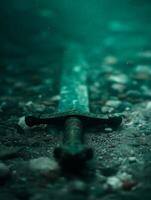 An Ancient Sword Lies Submerged in a Mystical Underwater Realm. photo