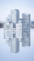 Modern Cityscape Reflection Architectural Model in Calm Waters. photo