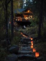 Illuminated Path to a Cozy Cabin in the Woods at Dusk. photo