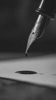 Close up of a fountain pen nib releasing a drop of ink onto paper. photo