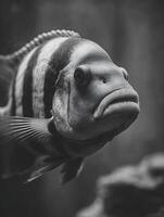 Monochrome Close Up of a Fish in an Aquarium, Showing Intricate Details and Texture. photo