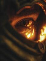 Close up of a Person's Eye Illuminated by Warm Light. A Dramatic and Mysterious Image. photo