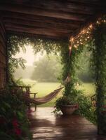 Serene Hammock on a Rustic Porch Overlooking a Misty Meadow. photo