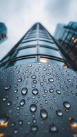 Rain Drops on Modern Building Exterior Close Up View of City Architecture. photo