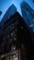 Old Building with Ivy Covered Walls Against Modern Skyscrapers at Dusk. photo