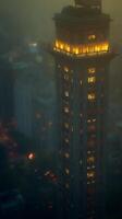 Illuminated City Tower at Dusk A High Angle View of an Elegant Building. photo