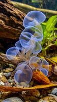 Aquatic Life Close Up of Delicate, Translucent Sea Creatures on Riverbed. photo