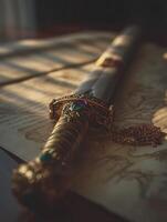 Ornate Gold Dagger Resting on Antique Manuscript Close Up Detail. A richly detailed image showcasing an antique-style dagger with precious stones, lying on an aged document. photo