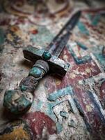 Ancient Sword with Turquoise Inlays Resting on a Fragment of Antique Mural. photo
