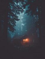Illuminated Cabin in a Foggy Forest at Night. A lone cabin glows warmly amidst the dark, mysterious trees shrouded in mist. photo