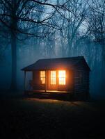 Illuminated Cabin in a Foggy Forest at Night. A lone cabin glows warmly amidst the dark, misty trees. photo