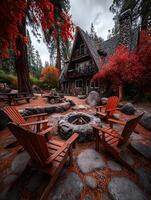 Cozy Autumn Escape A Lakeside Cabin with Fire Pit and Adirondack Chairs. photo