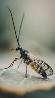 Close up of a Scorpionfly on a Leaf. A detailed image showcasing the intricate details of this unique insect. photo