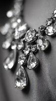 Close up of Sparkling Crystal Necklace on Dark Fabric. A Detailed Image of Elegant Jewelry. photo