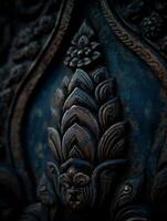 Intricate Carving Detail on Ancient Dark Stonework. A close up showcasing the artistry and texture of a weathered stone sculpture. photo