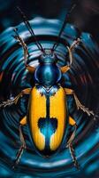 Striking Close Up of a Vibrant Yellow and Blue Beetle on a Dark Blue Surface. photo