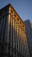 Golden Hour Illumination on Urban Building Facade. A low angle view showcases the architectural details of a city building bathed in the warm light of sunset. photo