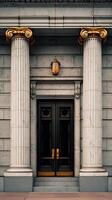 Elegant Entrance Grand Building with Ionic Columns and Dark Doors. photo