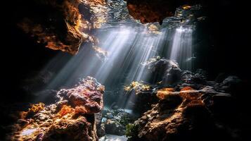 Underwater Cave Sunbeams Illuminating Submerged Rocks and Coral. photo