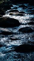 Sparkling River Water Flowing Over Smooth Rocks. A close up view of a stream's movement and texture. photo