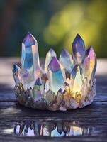 Iridescent Aura Quartz Cluster on Dark Wood Surface with Reflection. photo