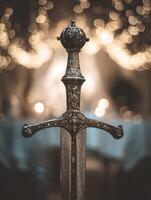Ornate Ceremonial Sword with Bokeh Background Close Up of Intricate Details. photo