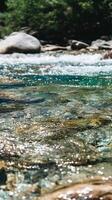 Sparkling River Water Close Up Sunlit Stream Flowing Over Smooth Stones. photo