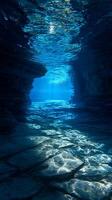 Underwater Cave Sunbeams Illuminate a Submerged Rock Formation. photo