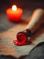 Red Wax Seal on Antique Paper with Candlelight. A close up image of a newly applied red wax seal on parchment paper, illuminated by candlelight. photo