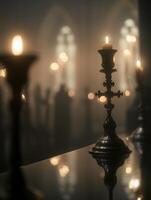 A Lit Cross Candle Holder in a Church Setting. The image showcases a close up of a religious artifact. photo