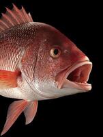 Close up of a Red Snapper Fish with Open Mouth, Isolated on Black Background. photo