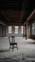 A solitary chair in a large, empty industrial space with high ceilings and large windows. photo