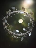 Silver Leaf Wreath A Circular Arrangement of Branches and Leaves. photo