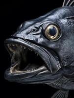 Close up of a Black Fish Head, Open Mouth, Showing Teeth and Eye Detail. photo
