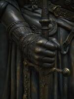 Close up of a Bronze Statue Hand Grasping an Ornate Sword. photo