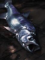Close Up of a Metallic Silver Fish in Dark Water. A dramatic, detailed image showcasing the texture and reflective qualities of the fish's scales. photo