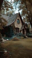 Enchanting Stone Cottage nestled amongst lush greenery and towering trees. photo