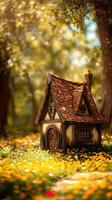 Fairytale Cottage nestled in a Sunny Wildflower Meadow. A charming illustration of a whimsical house surrounded by vibrant blooms. photo