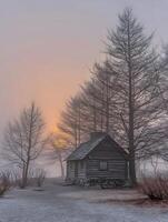 Serene Sunrise over a Rustic Log Cabin in a Misty Winter Forest. photo