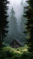 Secluded Wooden Cabin in a Misty Forest. A tranquil scene of a rustic cabin nestled amongst tall evergreen trees shrouded in fog. photo