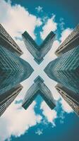 Abstract Cityscape Four Skyscrapers Forming a Symmetrical Pattern Against a Blue Sky. photo