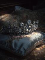Sparkling Crystal Crown Resting on a Luxurious Pillow. A close up image of elegant jewelry. photo