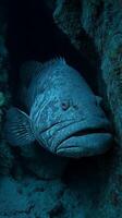 Close Up of a Grouper Fish in a Dark Ocean Cave. A dramatic underwater image showcasing the detailed texture and intense gaze of a large marine fish. photo