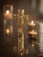 Glass Cross Reflecting in Candlelight A Symbol of Faith and Tranquility. photo