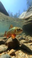 Underwater Close Up of a Colorful Trout in a Rocky River. photo