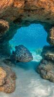 Underwater Close Up of a Grouper Emerging from a Coral Archway. photo