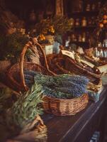 Dried Lavender and Herbs in Wicker Baskets on Wooden Counter. A rustic still life showcasing bundles of dried lavender and other herbs in charming wicker baskets. photo