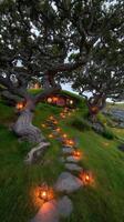 Hobbit House at Dusk A Pathway Lit by Lanterns. photo