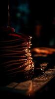 Stack of Pancakes with Syrup Drizzling Down. A mouthwatering close up image of a delicious breakfast treat. photo